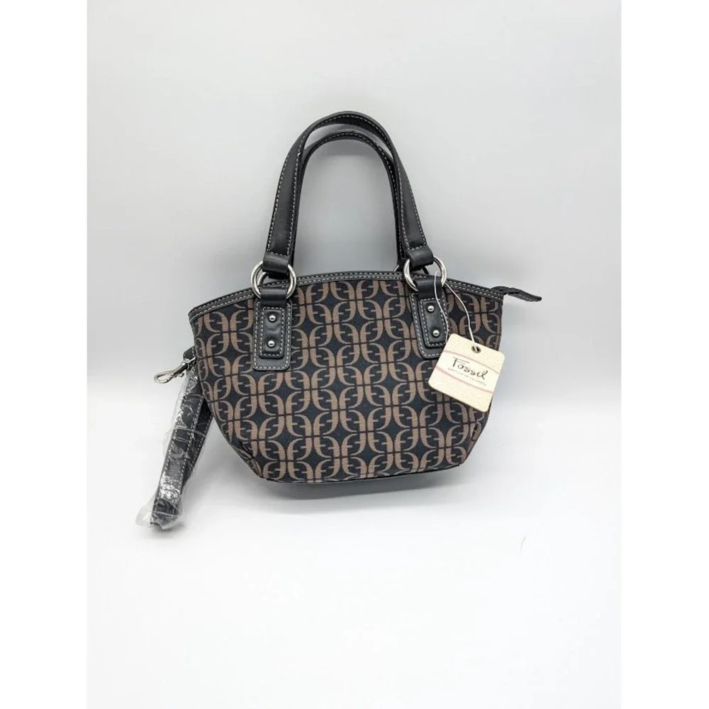 VTG Fossil Signature Satchel Handbag Monogram Canvas Leather Trim‎ CrossbodyNEW